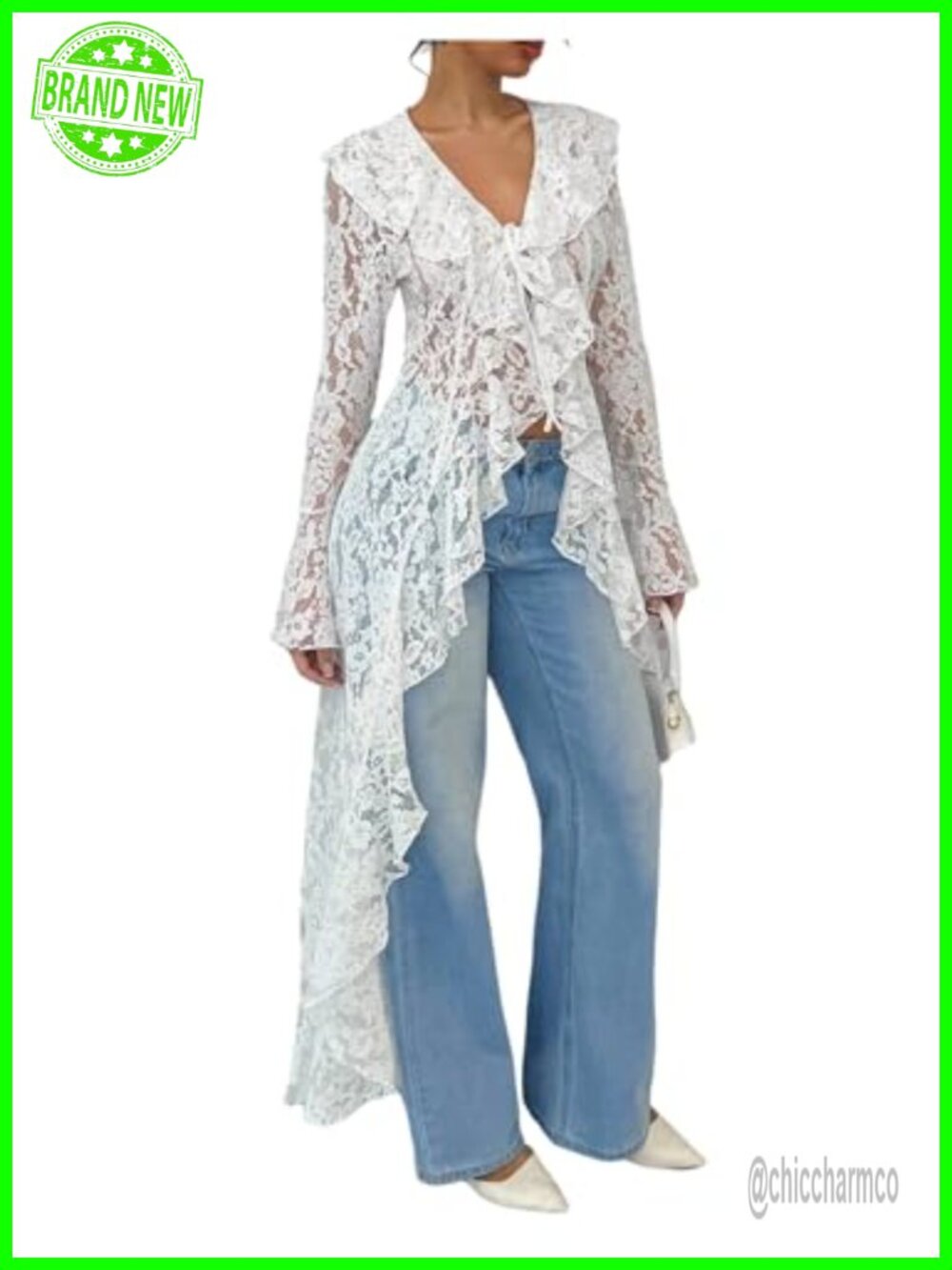 Long Lace Blouse Mesh Tie V Neck Ruffle Asymmetrical Hem Top